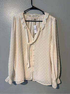 LOFT Cream Swiss Dot Tie-Neck Ruffle Blouse